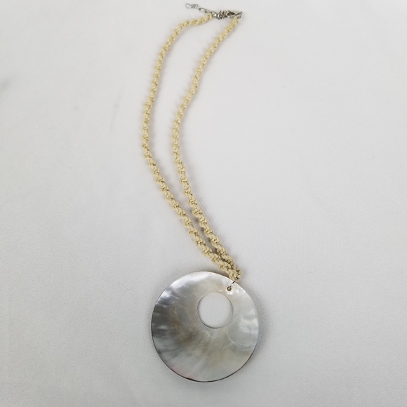 Handmade Macrame Hemp Necklace Black Lip Mother of Pearl Disc Pendant Mermaid - Picture 3 of 3